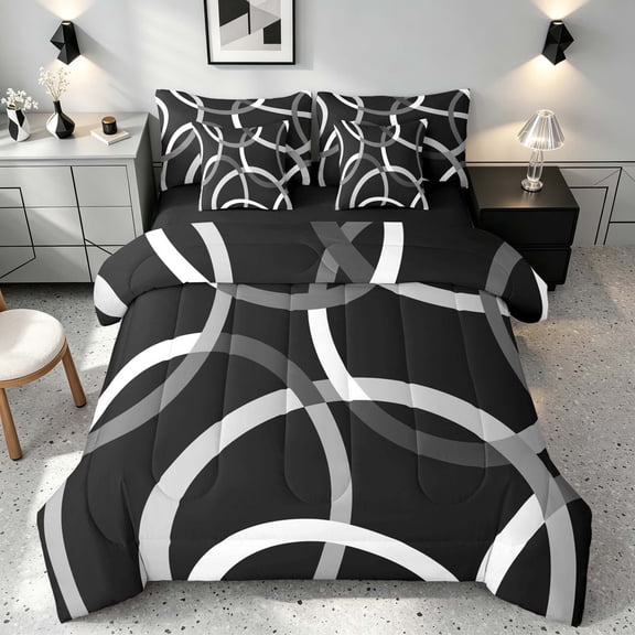 Manfei Black Gray Circle Queen Bedding, Aesthetic Minimalist Bedding Comforter Set Queen, Black Reversible 7pcs