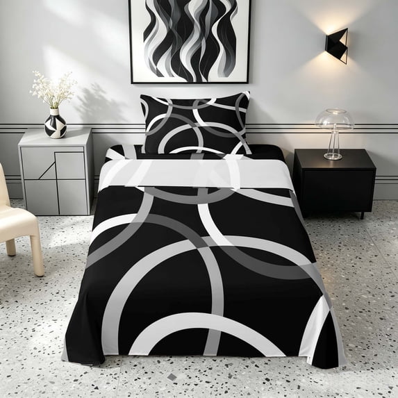 Manfei Black Gray Circle Twin Sheets, Aesthetic Minimalist Bedding, Black Reversible 3-Piece1 Flat Sheet + 1 Fitted Sheet + 1 Pillowcase