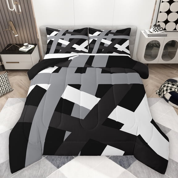 Manfei Black Gray Striped Queen Comforter Set,Abstract Geometric Lines Bedding Sets,Minimalist Stripes Bedding Comforter Set For Girls Kids,Microfiber Bedroom Decor Reversible,3-Piece