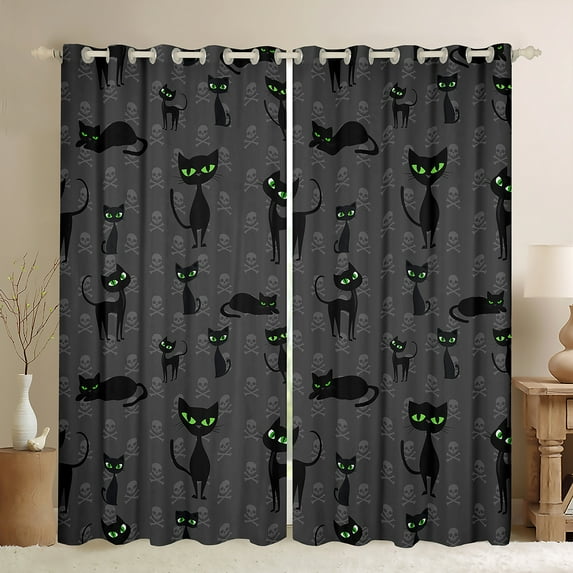 Manfei Black Green Cat Print Black Out Curtains, Gothic Skull Skeleton Curtains Pack of 2 (42x63 Each), Cartoon Animal Theme Bedroom Curtains, Curtains and Drapes Room Decor
