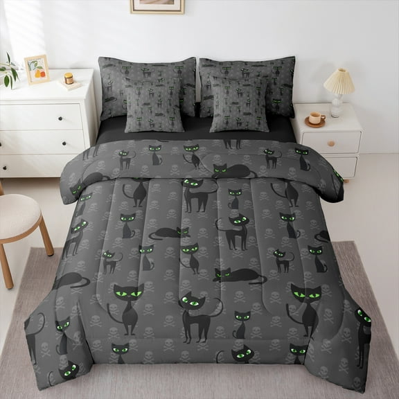 Manfei Black Green Cat Print Twin Bedding Sets 7-Piece, Gothic Skull Skeleton Bedding Comforter Set, Cartoon Animal Theme Reversible Sheet Sets, Super Cozy Room Decor