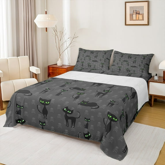 Manfei Black Green Cat Print Twin Sheet Sets, Gothic Skull Skeleton Twin Fitted Sheet, Cartoon Animal Theme Flat Sheet, Super Cozy Room Decor, 3-Piece