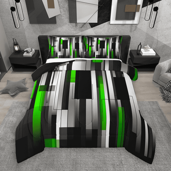 Manfei Black Green Gray Bedding Comforter Set 2pcs, Modern Gradient Stripe Twin Comforter Sets, Contemporary Geometric Bedding Set, Lightweight Room Decor
