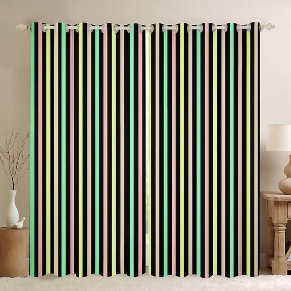 Manfei Black Green Striped Black Out Curtains,Minimalism Geometric Stripes Curtains Pack of 2 (42x63 Each),Geometric Lines Bedroom Curtains For Girls Boys,Super Cozy Room Decor