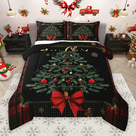 Manfei Black Green Xmas Tree Full Size Comforter Sets, Fairy Tale Princess Bowknot Bedding Comforter Set, Happy New Year Reversible Bedding Sets, Luxury Bedroom Decor, 3pcs