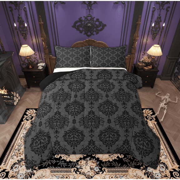 Manfei Black Grey Damask Bedding Comforter Set, Retro Boho Hippie Mandala Twin Comforter Sets, Teens Kids Adult Reversible Bedding Set, Ultra Soft Home Decor, 2 Pieces