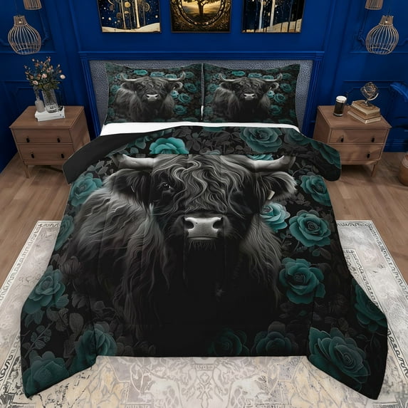 Manfei Black Highland Cow Bedding Comforter Set,Country Farmhouse Lodge Twin Comforter Sets,Blue Flower Floral Bedding Set For Adults,Super Cozy Room Decor Reversible,2 Pieces