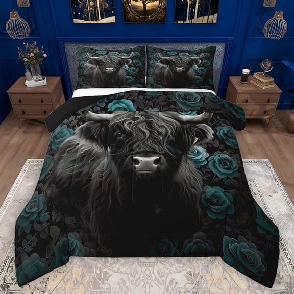 Manfei Black Highland Cow Bedding Comforter Set,Country Farmhouse Lodge Twin Comforter Sets,Blue Flower Floral Bedding Set For Adults,Super Cozy Room Decor Reversible,2 Pieces