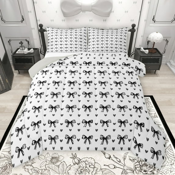 Manfei Black Kawaii Bow Full Size Comforter Sets, Cute Cartoon Love Heart Bedding Comforter Set, Teens Kids Girls Women Reversible Bedding Sets, Microfiber Bedroom Decor, 3-Piece