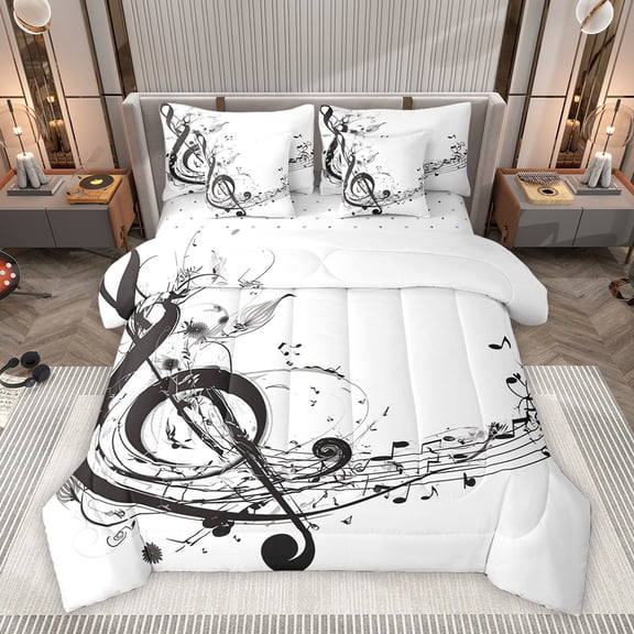 Homewish Black Musical Note Bedding Comforter Set 7pcs, Modern Pop Music Queen Bedding Sets, Teens Kids Boys Girls Reversible Queen Sheet Sets, Luxury Bedroom Decor
