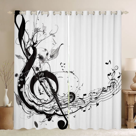 Homewish Black Musical Note Black Out Curtains, Modern Pop Music Curtains Pack of 2 (42x63 Each), Teens Kids Boys Girls Bedroom Curtains, Curtains and Drapes Decor