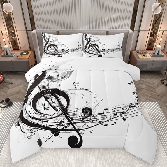 Homewish Black Musical Note Queen Comforter Set, Modern Pop Music Bedding Sets, Teens Kids Boys Girls Reversible Bedding Comforter Set, Luxury Bedroom Decor, 3pcs