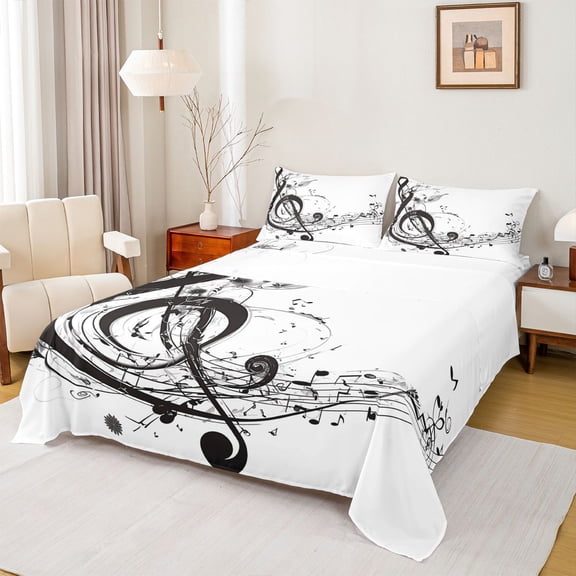 Homewish Black Musical Note Twin Sheet Sets, Modern Pop Music Twin Fitted Sheet, Teens Kids Boys Girls Flat Sheet, Luxury Bedroom Decor, 3pcs