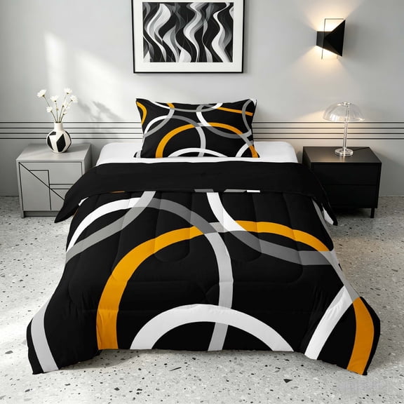 Manfei Black Orange Circle Twin Comforter Sets,Aesthetic Minimalist Bedding Set, Black Reversible 2pcs, 1 Comforter and 1 Pillowcase