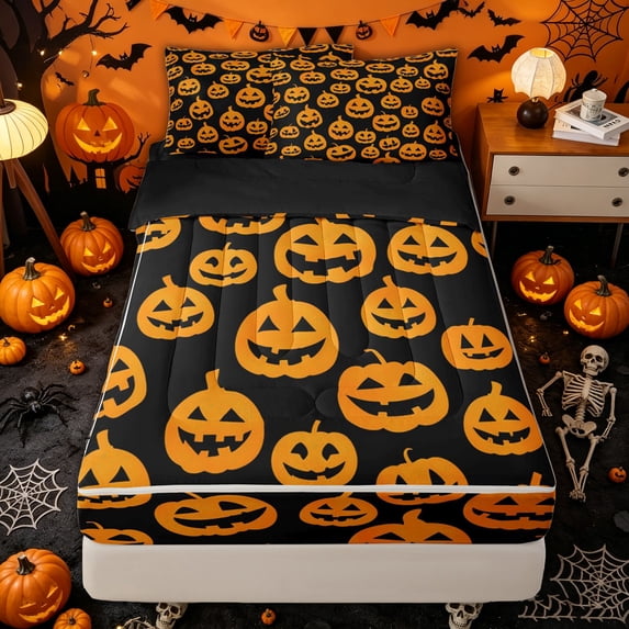 Manfei Black Orange Pumpkin Print Zipper Full Size Comforter Sets with Fitted Sheet and 2 Pillowcases for Kids, Spooky Halloween Zipper Bedding Set, Black Reversible, 4-Piece