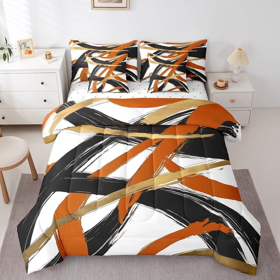 Feelyou Black Orange Stipes Twin Bedding Sets 7-Piece, Abstract Geometric Bedding Comforter Set, Teenager Adult Sheet Sets, Lightweight Room Decor
