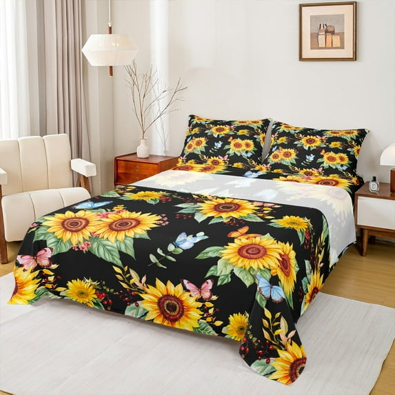 Manfei Black Orange Sunflower Full Size Sheets for Women, Kawaii Butterfly Animal Bed Sheets, Farmhouse Style Sheet Sets, Microfiber Bedroom Decor, 4 Pieces