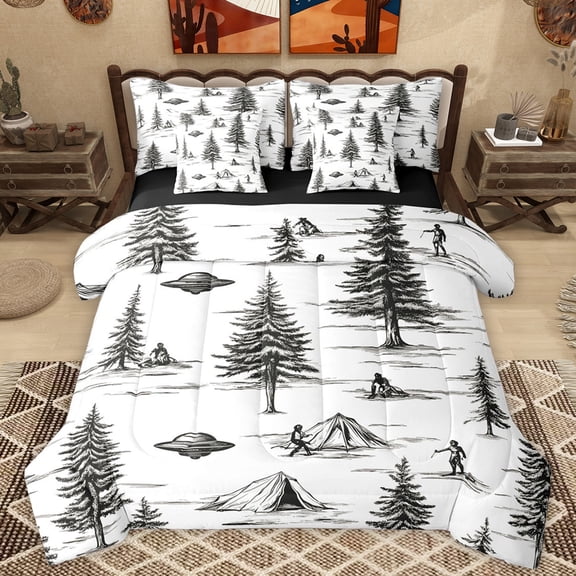 Manfei Black Pine Tree Bedding Comforter Set 7pcs for Kids, Rustic Farmhouse Plant Queen Bedding Sets, Outer Space Spaceship Reversible Queen Sheet Sets, Microfiber Bedroom Decor