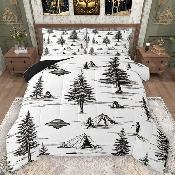 Manfei Black Pine Tree Queen Comforter Set for Kids, Rustic Farmhouse Plant Bedding Sets, Outer Space Spaceship Reversible Bedding Comforter Set, Microfiber Bedroom Decor, 3pcs