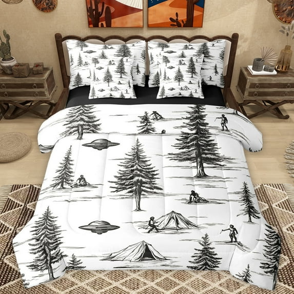 Manfei Black Pine Tree Twin Bedding Sets, Outer Space Spaceship Boy Comforter Set, 7pcs
