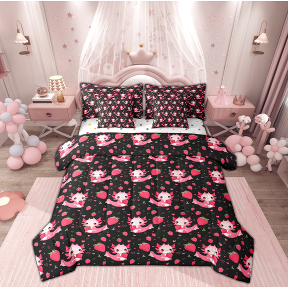 Manfei Black Pink Axolotl Bedding Comforter Set 7pcs for Teen, Kawaii Cartoon Strawberry King Bedding Sets, Love Heart Reversible Bed Sheets, Super Cozy Room Decor