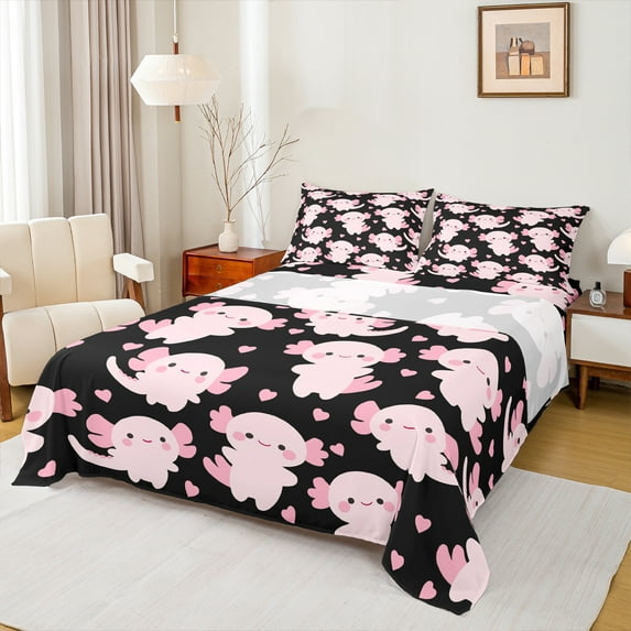 Manfei Black Pink Axolotl Twin Sheet Sets for Teens, Romantic Love Heart Twin Fitted Sheet, Kawaii Animal Flat Sheet, Breathable Home Decor, 3-Piece