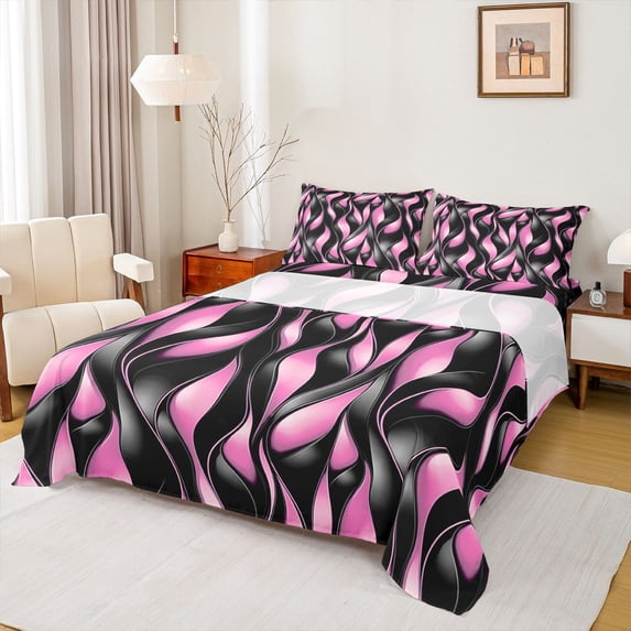 Manfei Black Pink Bed Sheets, Gradient Wave Striped Fuul Size Sheets, Black Reversible 4-Piece1 Flat Sheet + 1 Fitted Sheet + 2 Pillowcases