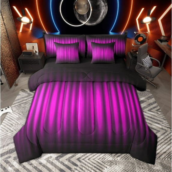 Manfei Black Pink Bedding Comforter Set, Neon Gradient Stripe King Bedding Sets, Modern Abstract Geometric Bed Sheets, Luxury Bedroom Decor Reversible 7 Pieces