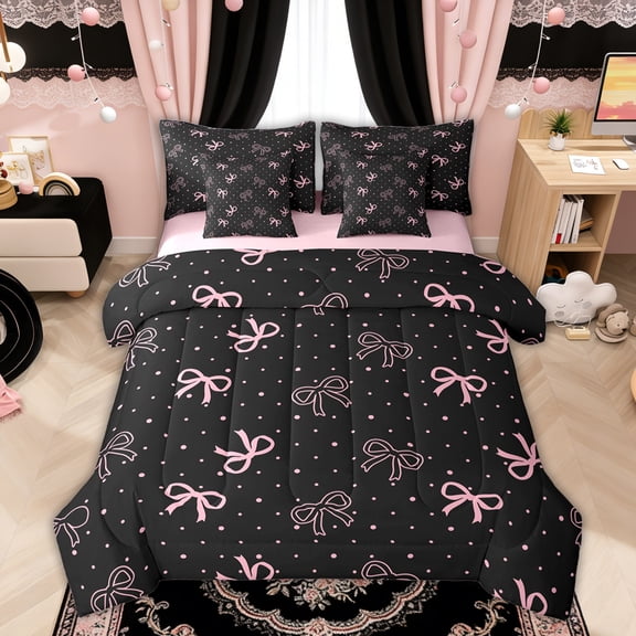 Manfei Black Pink Bow Polka Dot Twin Bedding Sets for Girls, Cute Ribbon Bedding Comforter Set, Pink Reversible, 7-Piece