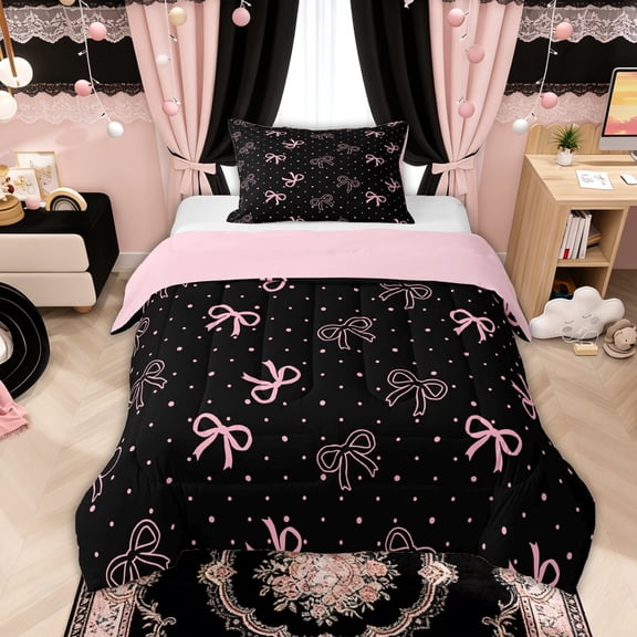 Manfei Black Pink Bow Polka Dot Twin Comforter Sets for Girls, Cute Ribbon Bedding Set, Pink Reversible, 2-Piece
