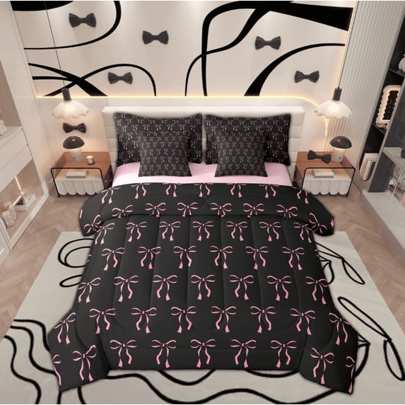 Manfei Black Pink Bowknot Bedding Comforter Set 7 Pieces for Kids, Cute Princess Bow Full Bedding Set, Kawaii Cartoon Bow-tie Reversible Fitted Sheet Flat Sheet, Super Cozy Room Decor