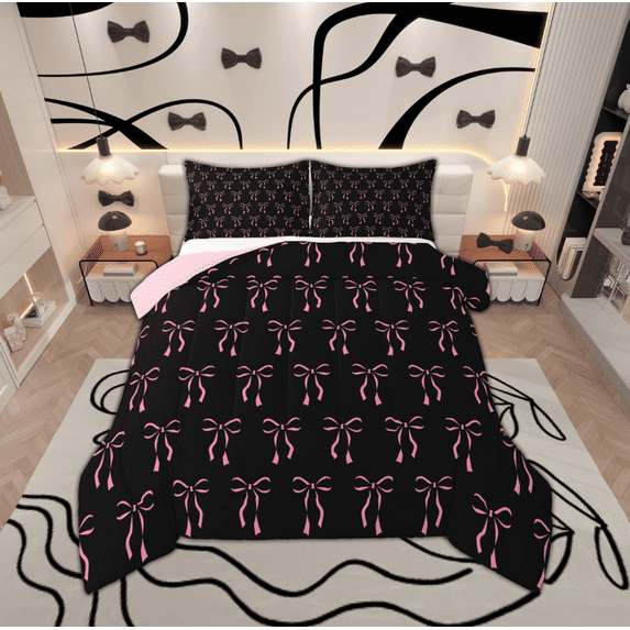 Manfei Black Pink Bowknot Bedding Comforter Set for Kids, Cute Princess Bow Twin Comforter Sets, Kawaii Cartoon Bow-tie Reversible Bedding Set, Super Cozy Room Decor, 2pcs