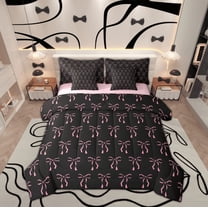 Manfei Black Pink Bowknot Twin Bedding Sets 7-Piece for Kids, Cute Princess Bow Bedding Comforter Set, Kawaii Cartoon Bow-tie Reversible Sheet Sets, Super Cozy Room Decor