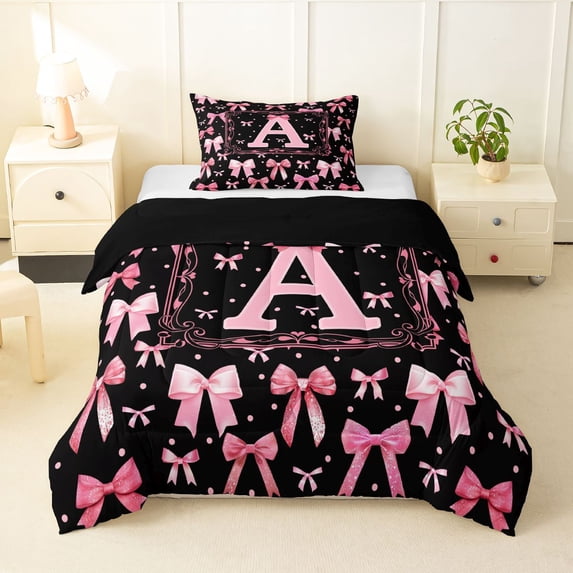 Manfei Black Pink Bownot Twin Comforter Sets,Girls Personalized Letter A Bedding Set,Black Reversible,2 Pieces,1 Comforter and 1 Pillowcase