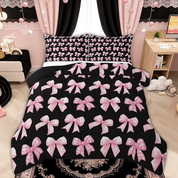 Manfei Black Pink Buffalo Bow Full Size Comforter Sets for Girls, Cute Ribbon Bedding Sets, Black Reversible, 3 Pieces