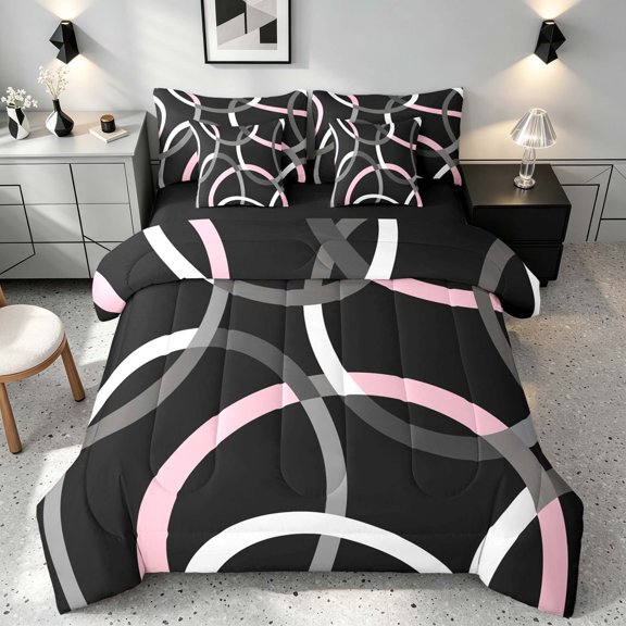 Manfei Black Pink Circle Twin Bedding,Aesthetic Minimalist Bedding Comforter Set, Black Reversible 7 Pieces