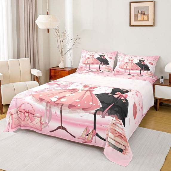 Homewish Black Pink Dress Full Size Sheets, Romantic Eiffel Tower Bed Sheets, Cherry Blossoms Floral Sheet Sets, Luxury Bedroom Decor, 4pcs