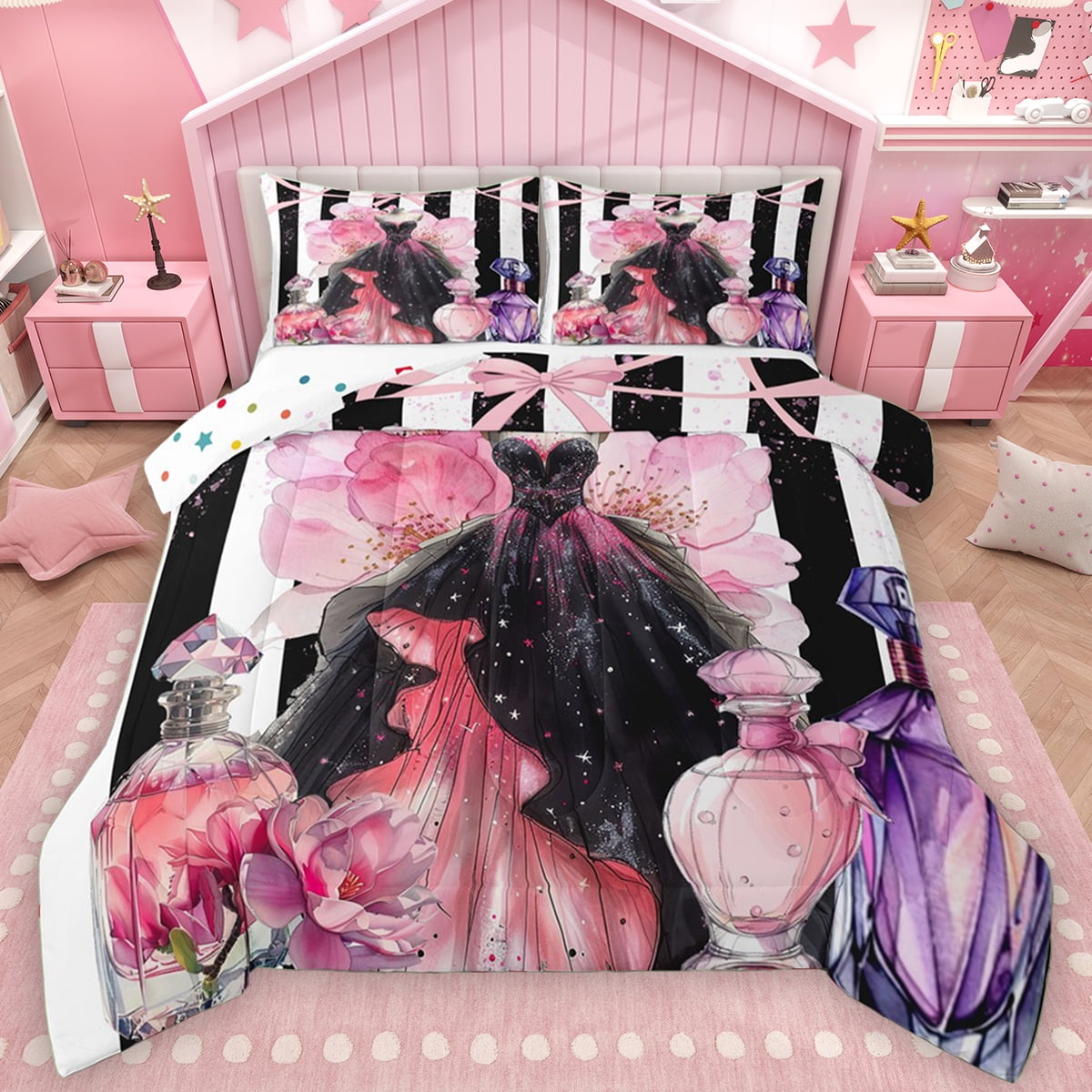 Manfei Black Pink Dress Queen Comforter Set for Girl, Modern Fashion Artwork Bedding Sets, Chic Stripes Lines Reversible Bedding Comforter Set, Luxury Bedroom Decor, 3 Pieces