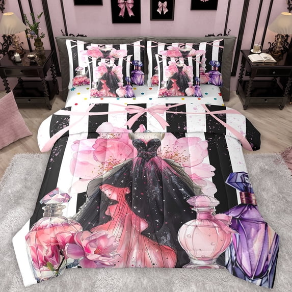 Manfei Black Pink Dress Twin Bedding Sets 7-Piece for Girl, Modern Fashion Artwork Bedding Comforter Set, Chic Stripes Lines Reversible Sheet Sets, Luxury Bedroom Decor