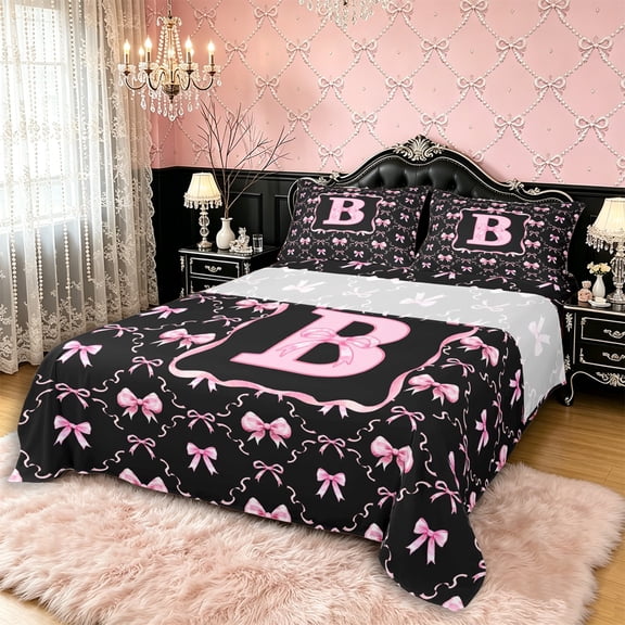 Manfei Black Pink Monogram Letter B Bed Sheets 4pcs for Girls Women,Kids Teens Shabby Chic Ribbon Bow Knot King Sheets,Luxury Bedroom Decor