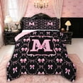 thumbnail image 1 of Manfei Black Pink Monogram Letter M Full Size Comforter Sets 3 Pieces for Girls Women,Kids Teens Shabby Chic Ribbon Bow Knot Bedding Sets,Pink Reversible,Super Cozy Room Decor, 1 of 6