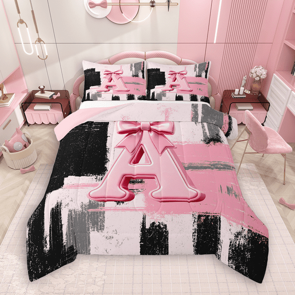 Manfei Black Pink Ombre Bedding Comforter Set 2pcs for Girls, Bow Knot Monogrammed Twin Comforter Sets, Personalized Letter A Bedding Set, Super Cozy Room Decor