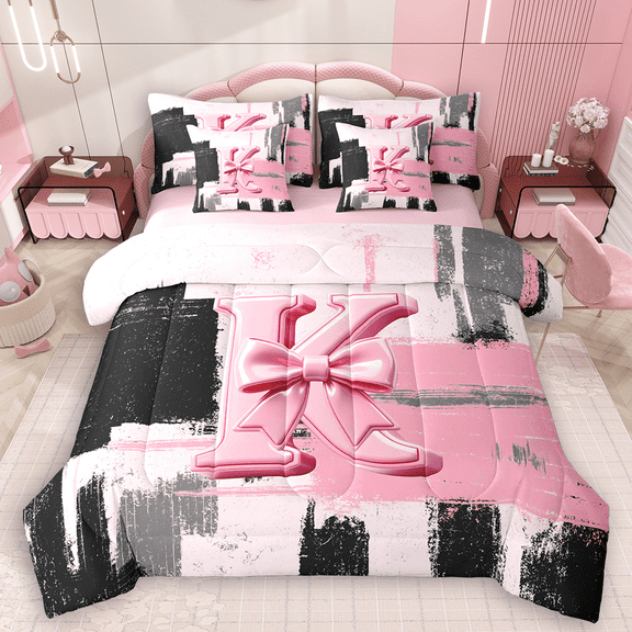 Manfei Black Pink Ombre Bedding Comforter Set 7pcs for Girls, Bow Knot Monogrammed King Bedding Sets, Personalized Letter K Bed Sheets, Luxury Bedroom Decor