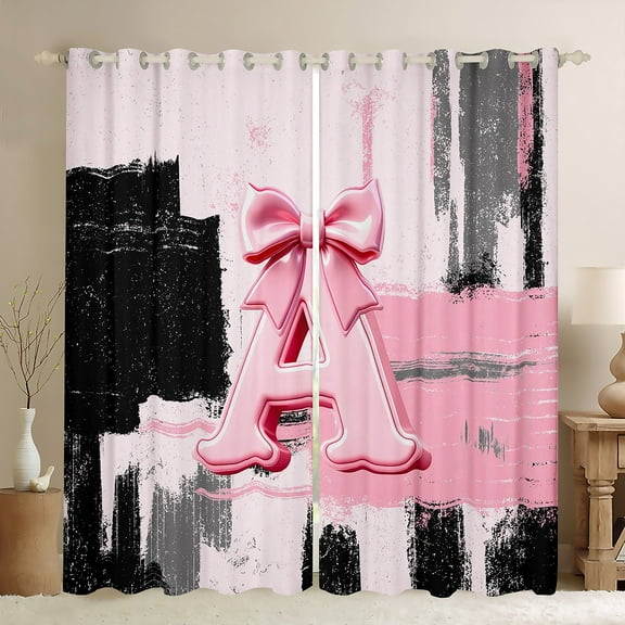 Manfei Black Pink Ombre Black Out Curtains for Girls, Bow Knot Monogrammed Curtains Pack of 2 (42x63 Each), Personalized Letter A Bedroom Curtains, Luxurious Room Decor