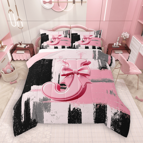 Manfei Black Pink Ombre Full Size Comforter Sets 3-Piece for Girls, Bow Knot Monogrammed Bedding Comforter Set, Personalized Letter J Bedding Sets, Lightweight Room Decor