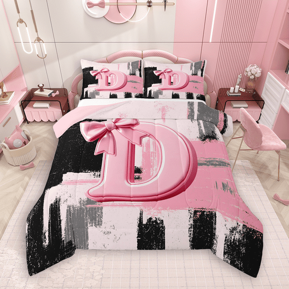 Manfei Black Pink Ombre Queen Comforter Set 3 Pieces for Girls, Bow Knot Monogrammed Bedding Sets, Personalized Letter D Bedding Comforter Set, Lightweight Room Decor