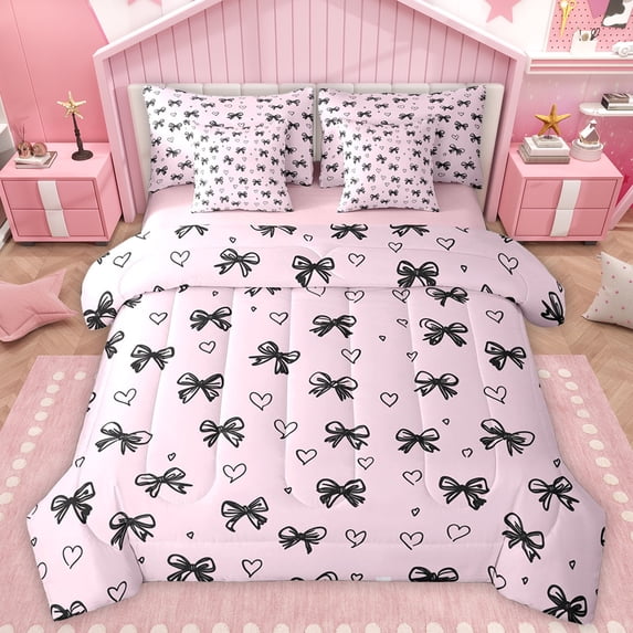 Manfei Black Pink Ribbon Bedding Comforter Set 7 Pieces for Kids, Kawaii Love Heart Full Bedding Set, Cartoon Princess Style Reversible Fitted Sheet Flat Sheet, Microfiber Bedroom Decor
