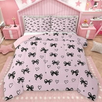 Manfei Black Pink Ribbon Bedding Comforter Set for Kids, Kawaii Love Heart Twin Comforter Sets, Cartoon Princess Style Reversible Bedding Set, Microfiber Bedroom Decor, 2pcs