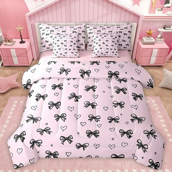 Manfei Black Pink Ribbon Twin Bedding Sets 7-Piece for Kids, Kawaii Love Heart Bedding Comforter Set, Cartoon Princess Style Reversible Sheet Sets, Microfiber Bedroom Decor