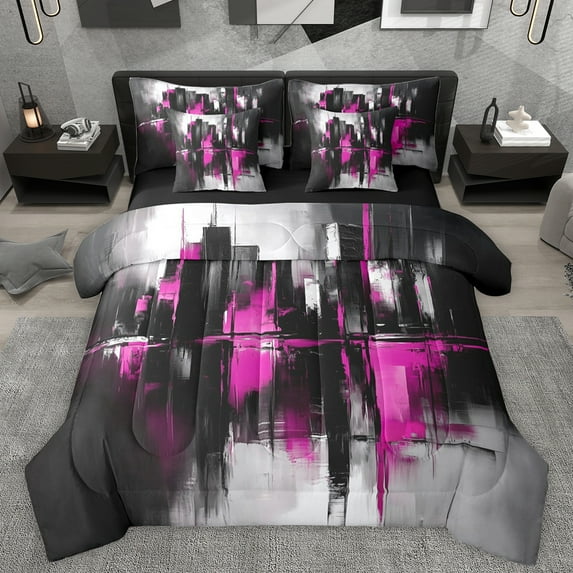 Manfei Black Pink Watercolor Bedding Comforter Set 7 Pieces for Adult, Modern Artwork Full Bedding Set, Chic Abstract Ombre Reversible Fitted Sheet Flat Sheet, Microfiber Bedroom Decor